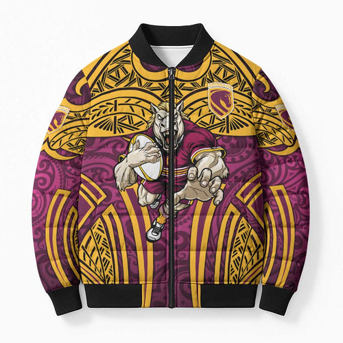 Brisbane Broncos Rugby Bomber Puffer Jacket Polynesian Tribal Pattern Warrior Horse Maroon Gold Pattern
