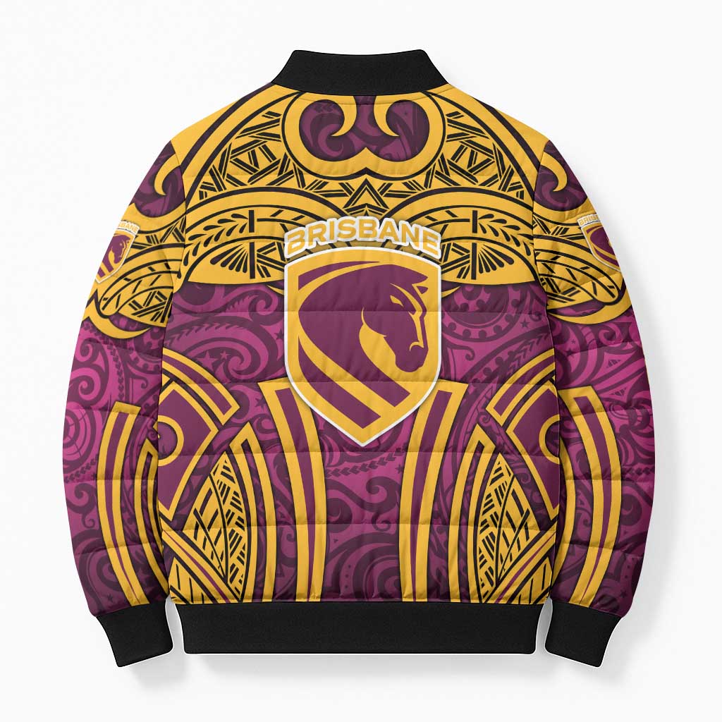 Brisbane Broncos Rugby Bomber Puffer Jacket Polynesian Tribal Pattern Warrior Horse Maroon Gold Pattern
