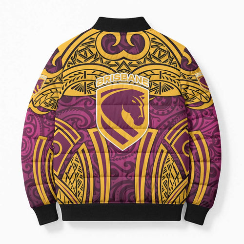 Brisbane Broncos Rugby Bomber Puffer Jacket Polynesian Tribal Pattern Warrior Horse Maroon Gold Pattern