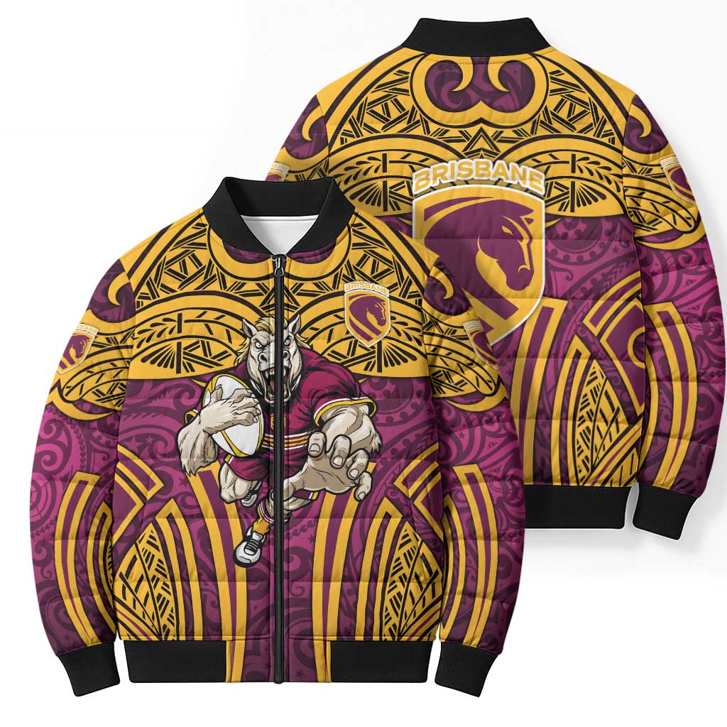 Brisbane Broncos Rugby Bomber Puffer Jacket Polynesian Tribal Pattern Warrior Horse Maroon Gold Pattern