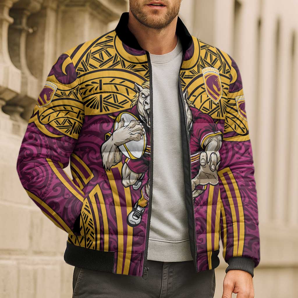 Brisbane Broncos Rugby Bomber Puffer Jacket Polynesian Tribal Pattern Warrior Horse Maroon Gold Pattern