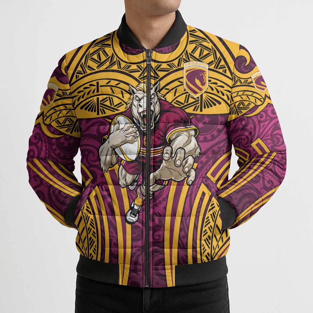 Brisbane Broncos Rugby Bomber Puffer Jacket Polynesian Tribal Pattern Warrior Horse Maroon Gold Pattern