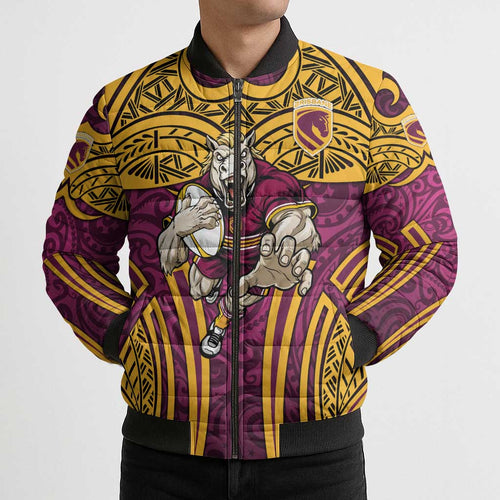 Brisbane Broncos Rugby Bomber Puffer Jacket Polynesian Tribal Pattern Warrior Horse Maroon Gold Pattern