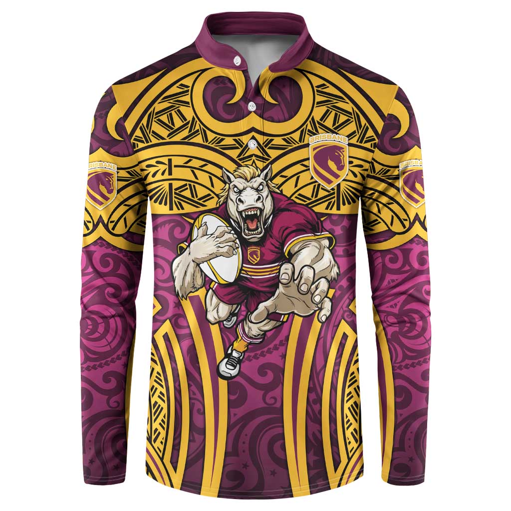 Brisbane Broncos Rugby Button Sweatshirt Polynesian Tribal Pattern Warrior Horse Maroon Gold Pattern