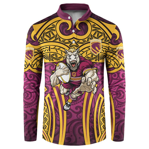 Brisbane Broncos Rugby Button Sweatshirt Polynesian Tribal Pattern Warrior Horse Maroon Gold Pattern