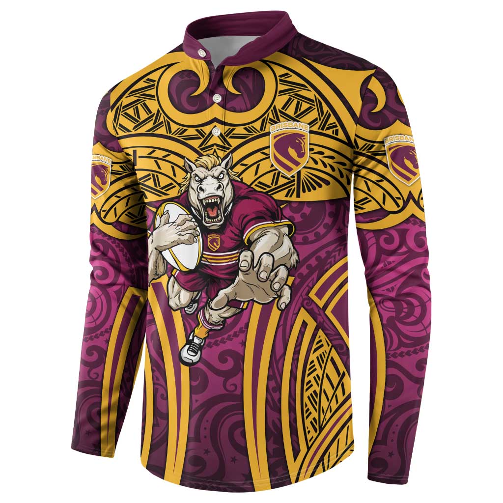 Brisbane Broncos Rugby Button Sweatshirt Polynesian Tribal Pattern Warrior Horse Maroon Gold Pattern