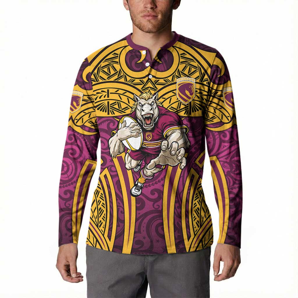 Brisbane Broncos Rugby Button Sweatshirt Polynesian Tribal Pattern Warrior Horse Maroon Gold Pattern