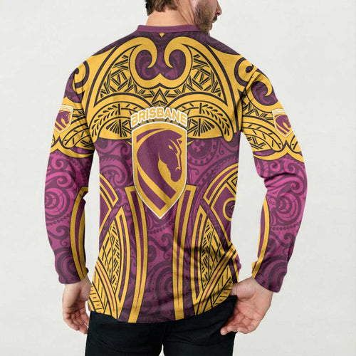 Brisbane Broncos Rugby Button Sweatshirt Polynesian Tribal Pattern Warrior Horse Maroon Gold Pattern