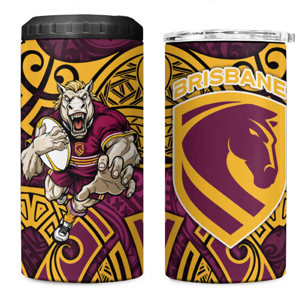 Brisbane Broncos Rugby 4 in 1 Can Cooler Tumbler Polynesian Tribal Pattern Warrior Horse Maroon Gold Pattern