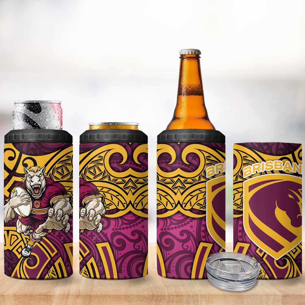Brisbane Broncos Rugby 4 in 1 Can Cooler Tumbler Polynesian Tribal Pattern Warrior Horse Maroon Gold Pattern