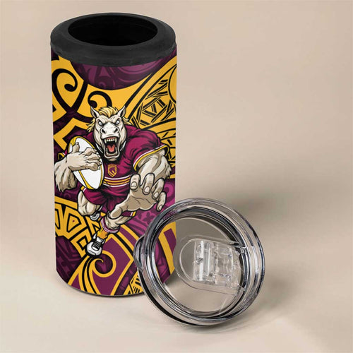 Brisbane Broncos Rugby 4 in 1 Can Cooler Tumbler Polynesian Tribal Pattern Warrior Horse Maroon Gold Pattern