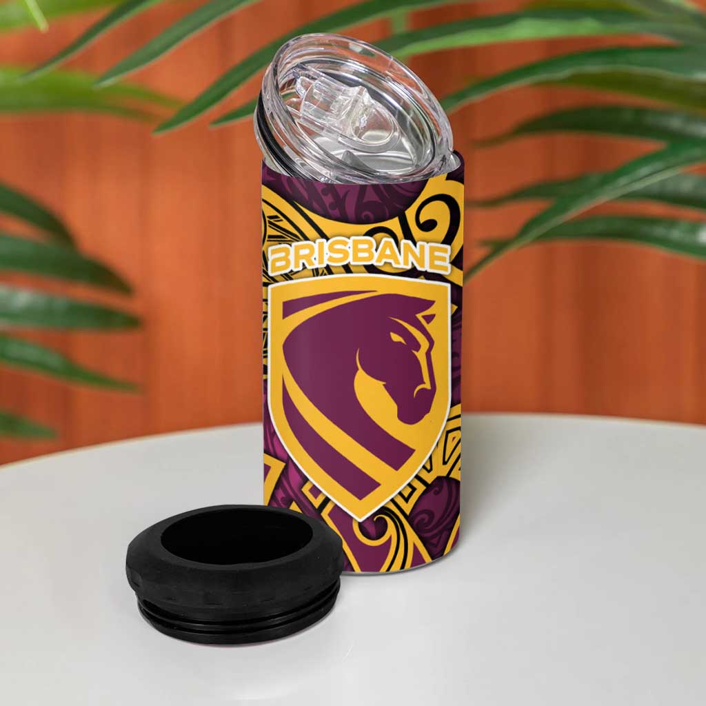 Brisbane Broncos Rugby 4 in 1 Can Cooler Tumbler Polynesian Tribal Pattern Warrior Horse Maroon Gold Pattern