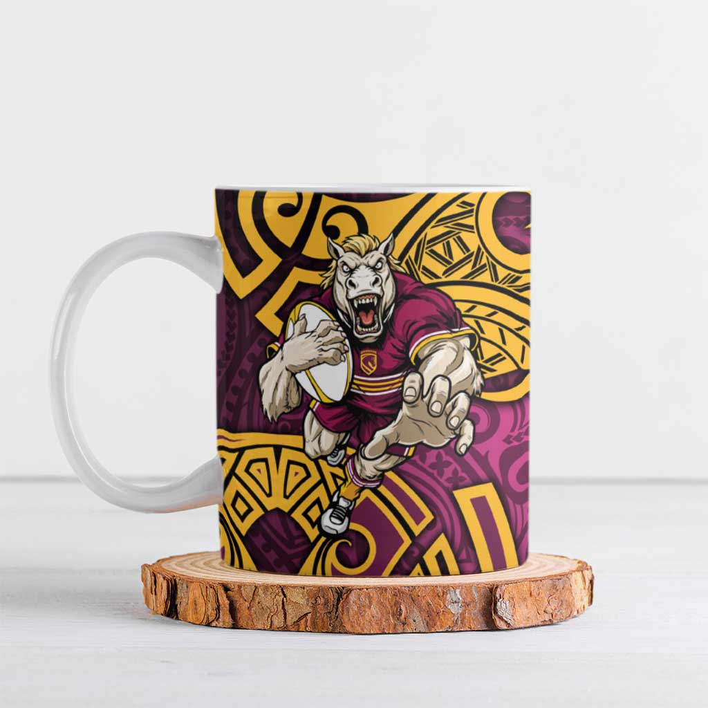 Brisbane Broncos Rugby Ceramic Mug Polynesian Tribal Pattern Warrior Horse Maroon Gold Pattern