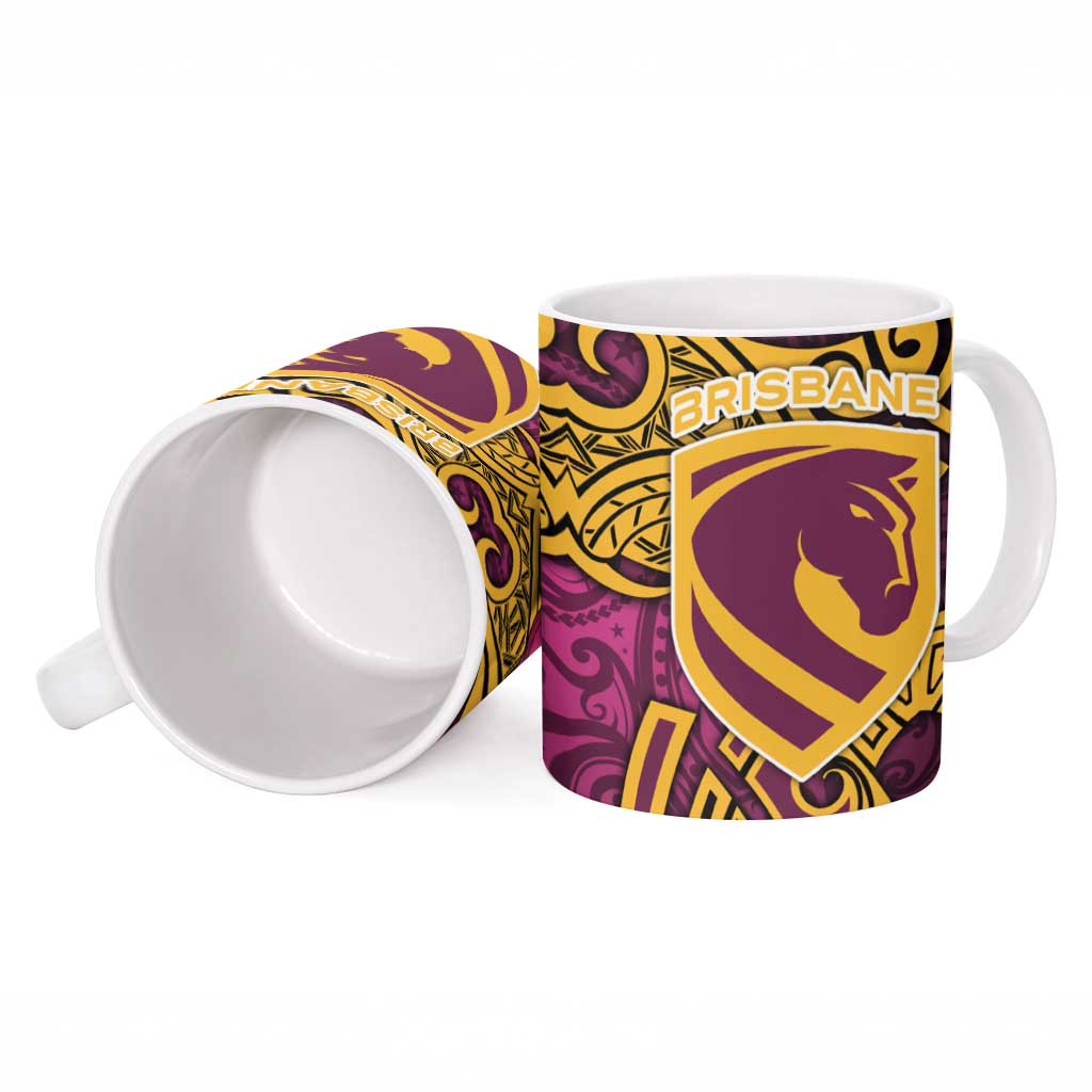 Brisbane Broncos Rugby Ceramic Mug Polynesian Tribal Pattern Warrior Horse Maroon Gold Pattern