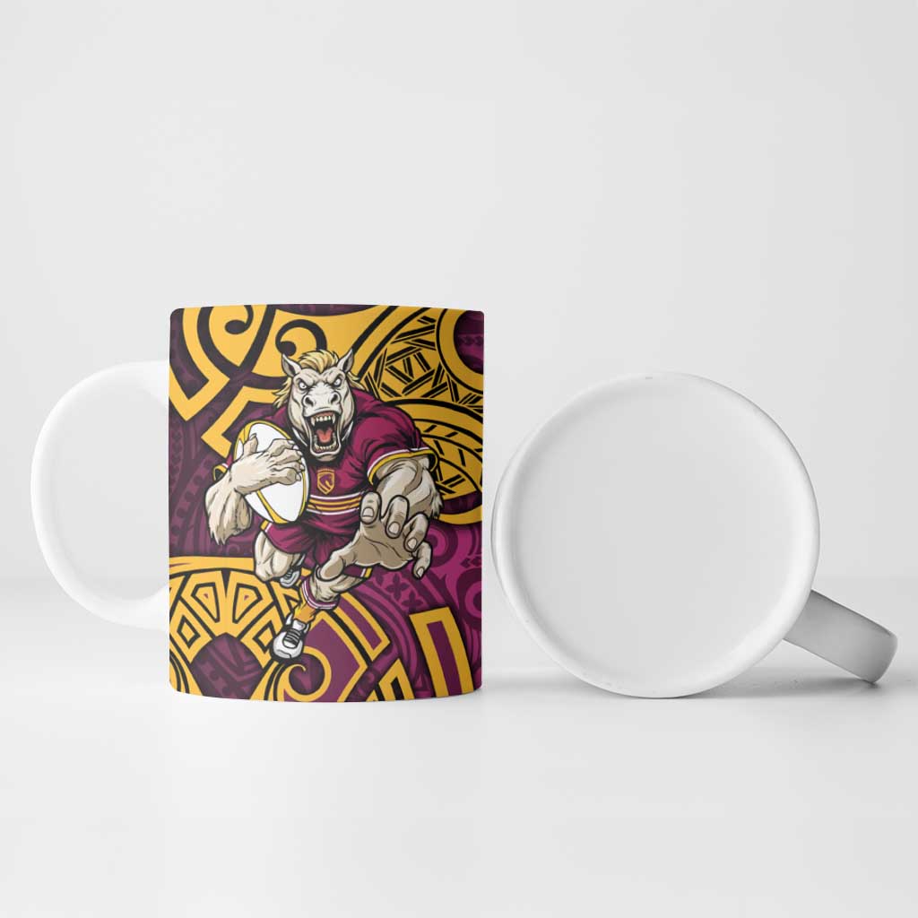 Brisbane Broncos Rugby Ceramic Mug Polynesian Tribal Pattern Warrior Horse Maroon Gold Pattern