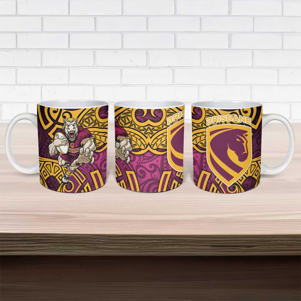 Brisbane Broncos Rugby Ceramic Mug Polynesian Tribal Pattern Warrior Horse Maroon Gold Pattern