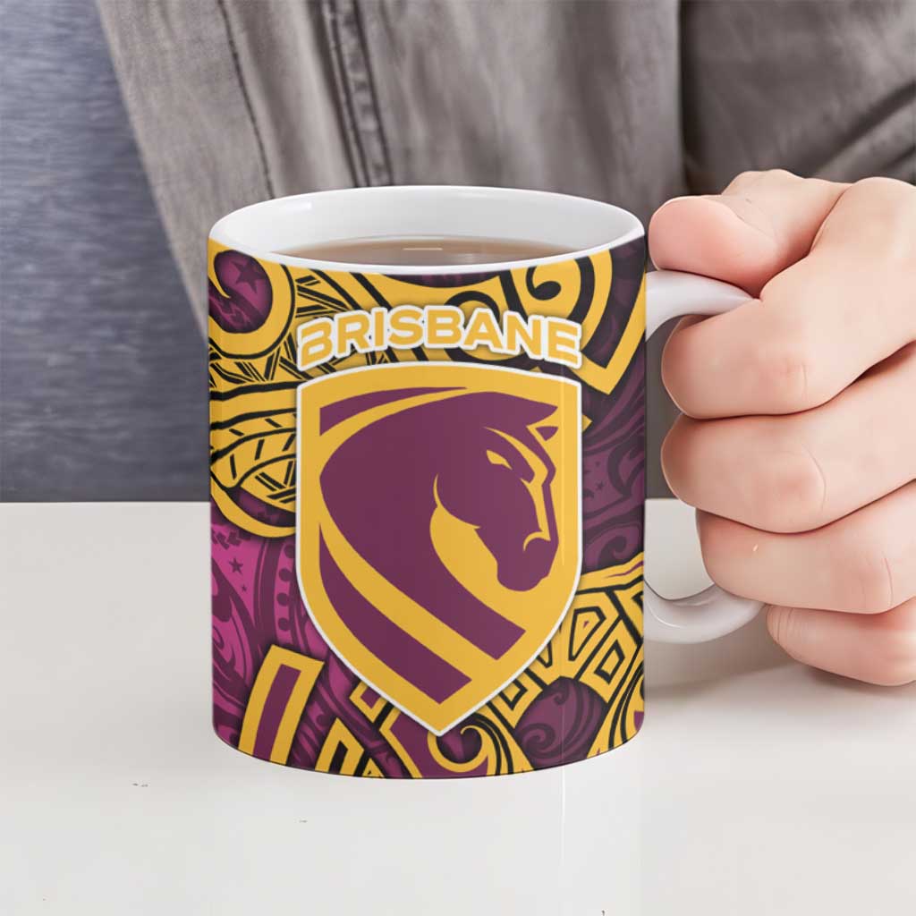 Brisbane Broncos Rugby Ceramic Mug Polynesian Tribal Pattern Warrior Horse Maroon Gold Pattern