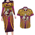 Brisbane Broncos Rugby Couples Matching Long Sleeve Bodycon Dress and Hawaiian Shirt Polynesian Tribal Pattern Warrior Horse Maroon Gold Pattern