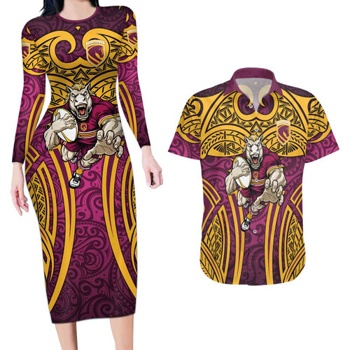 Brisbane Broncos Rugby Couples Matching Long Sleeve Bodycon Dress and Hawaiian Shirt Polynesian Tribal Pattern Warrior Horse Maroon Gold Pattern