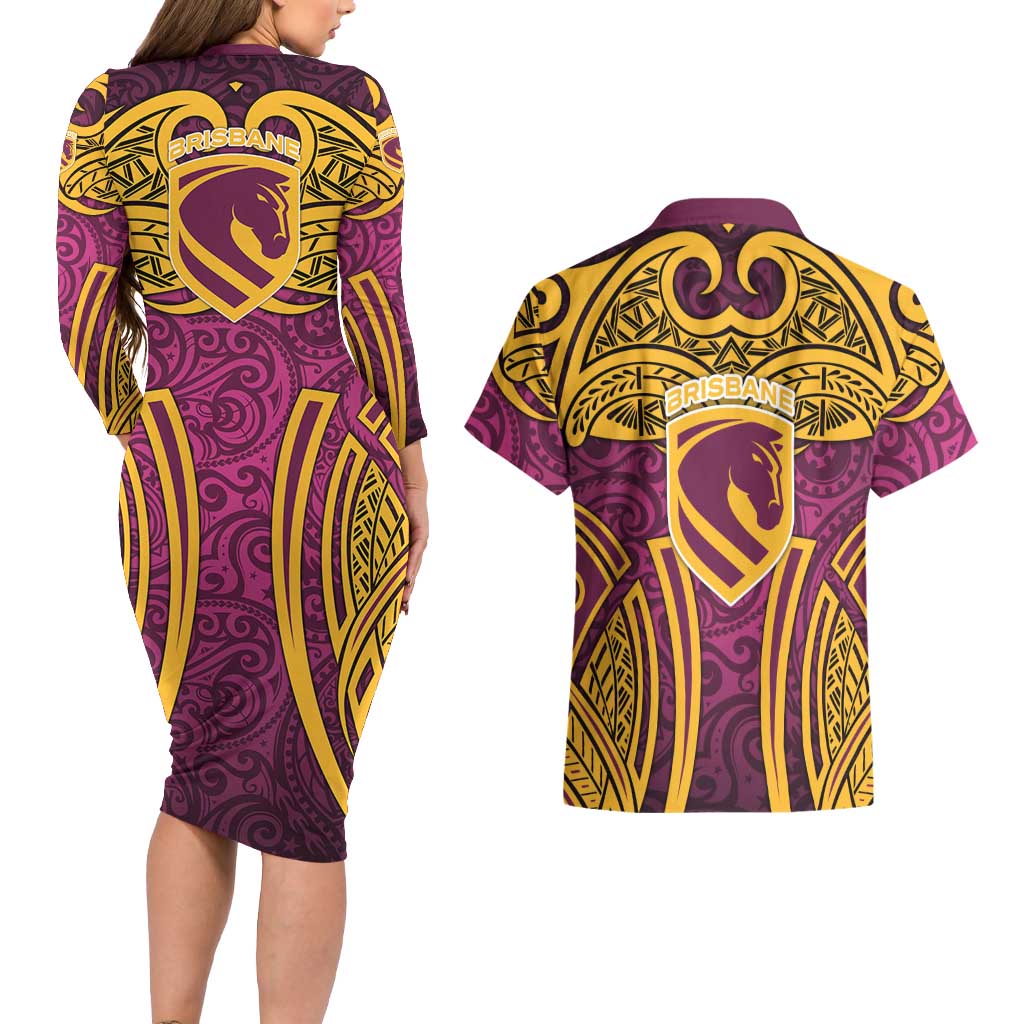 Brisbane Broncos Rugby Couples Matching Long Sleeve Bodycon Dress and Hawaiian Shirt Polynesian Tribal Pattern Warrior Horse Maroon Gold Pattern