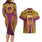 Brisbane Broncos Rugby Couples Matching Long Sleeve Bodycon Dress and Hawaiian Shirt Polynesian Tribal Pattern Warrior Horse Maroon Gold Pattern