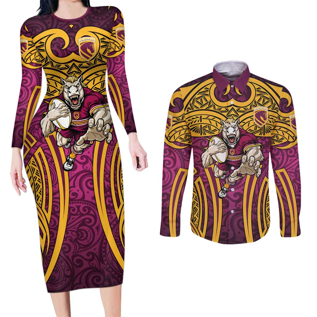 Brisbane Broncos Rugby Couples Matching Long Sleeve Bodycon Dress and Long Sleeve Button Shirt Polynesian Tribal Pattern Warrior Horse Maroon Gold Pattern