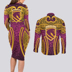 Brisbane Broncos Rugby Couples Matching Long Sleeve Bodycon Dress and Long Sleeve Button Shirt Polynesian Tribal Pattern Warrior Horse Maroon Gold Pattern