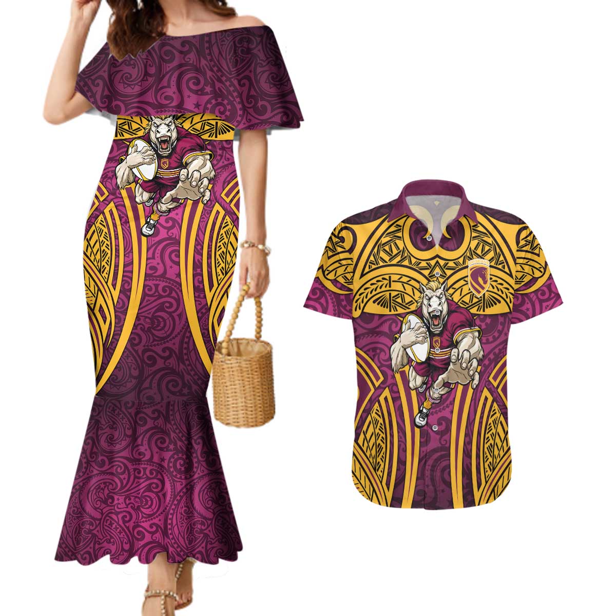 Brisbane Broncos Rugby Couples Matching Mermaid Dress and Hawaiian Shirt Polynesian Tribal Pattern Warrior Horse Maroon Gold Pattern