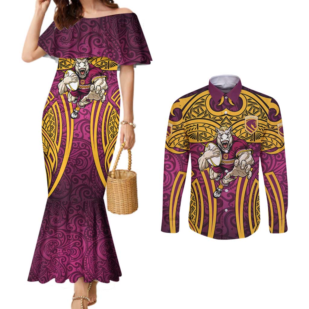 Brisbane Broncos Rugby Couples Matching Mermaid Dress and Long Sleeve Button Shirt Polynesian Tribal Pattern Warrior Horse Maroon Gold Pattern