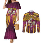 Brisbane Broncos Rugby Couples Matching Mermaid Dress and Long Sleeve Button Shirt Polynesian Tribal Pattern Warrior Horse Maroon Gold Pattern