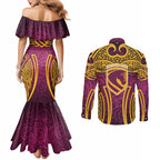 Brisbane Broncos Rugby Couples Matching Mermaid Dress and Long Sleeve Button Shirt Polynesian Tribal Pattern Warrior Horse Maroon Gold Pattern