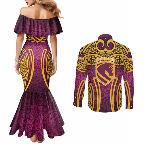 Brisbane Broncos Rugby Couples Matching Mermaid Dress and Long Sleeve Button Shirt Polynesian Tribal Pattern Warrior Horse Maroon Gold Pattern