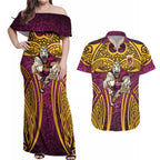 Brisbane Broncos Rugby Couples Matching Off Shoulder Maxi Dress and Hawaiian Shirt Polynesian Tribal Pattern Warrior Horse Maroon Gold Pattern