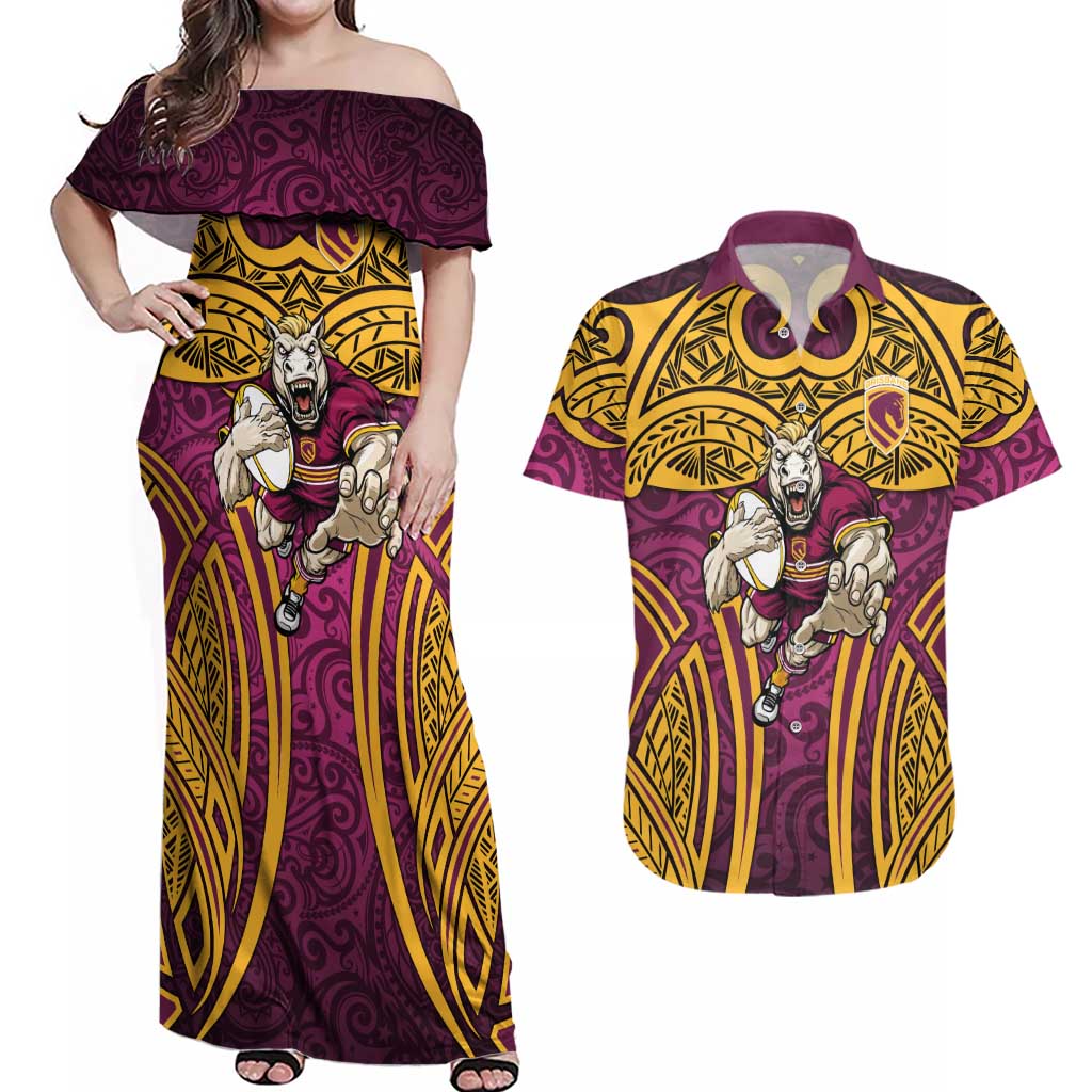 Brisbane Broncos Rugby Couples Matching Off Shoulder Maxi Dress and Hawaiian Shirt Polynesian Tribal Pattern Warrior Horse Maroon Gold Pattern