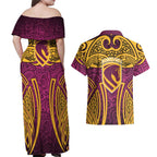 Brisbane Broncos Rugby Couples Matching Off Shoulder Maxi Dress and Hawaiian Shirt Polynesian Tribal Pattern Warrior Horse Maroon Gold Pattern