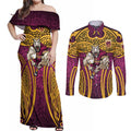 Brisbane Broncos Rugby Couples Matching Off Shoulder Maxi Dress and Long Sleeve Button Shirt Polynesian Tribal Pattern Warrior Horse Maroon Gold Pattern