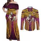 Brisbane Broncos Rugby Couples Matching Off Shoulder Maxi Dress and Long Sleeve Button Shirt Polynesian Tribal Pattern Warrior Horse Maroon Gold Pattern