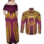Brisbane Broncos Rugby Couples Matching Off Shoulder Maxi Dress and Long Sleeve Button Shirt Polynesian Tribal Pattern Warrior Horse Maroon Gold Pattern
