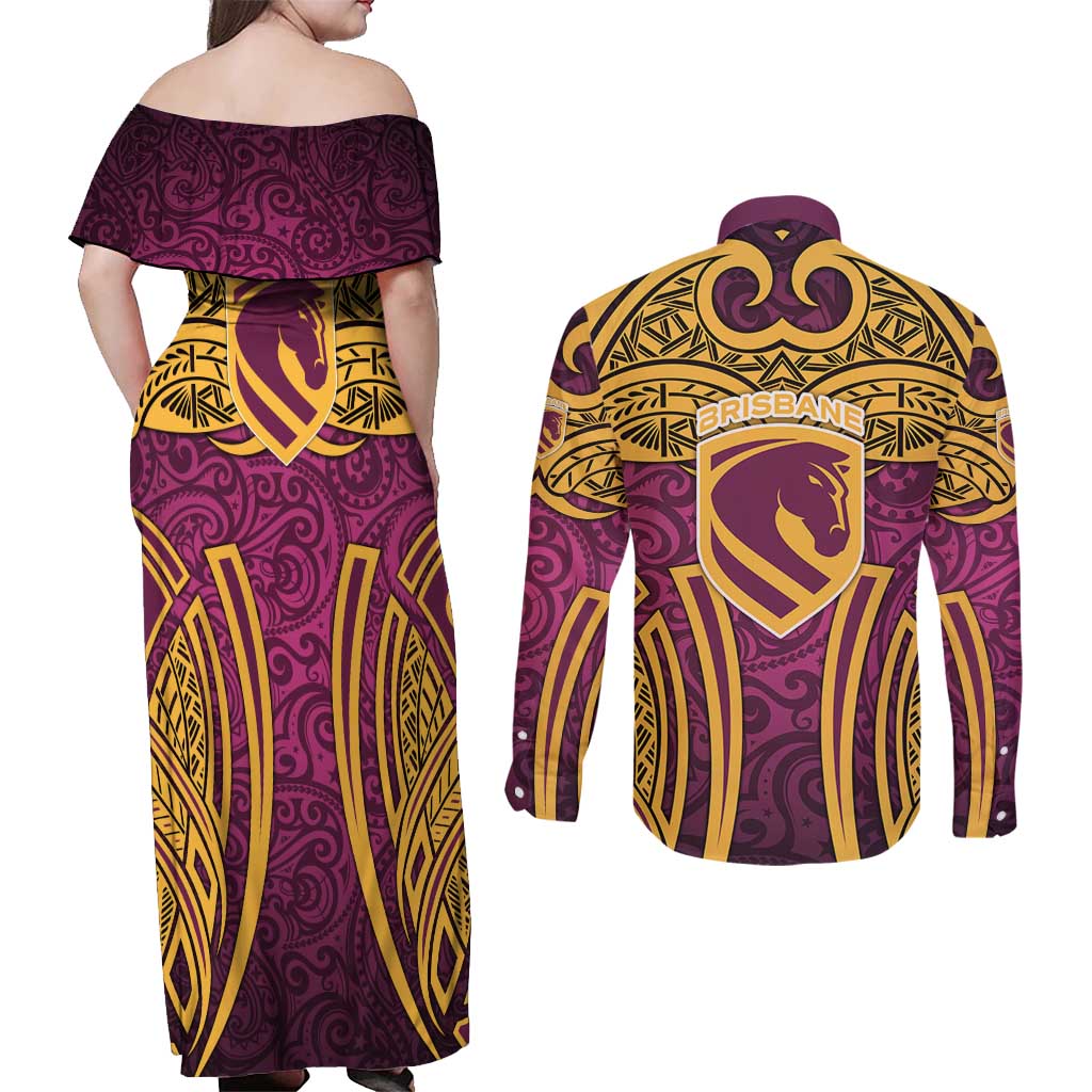 Brisbane Broncos Rugby Couples Matching Off Shoulder Maxi Dress and Long Sleeve Button Shirt Polynesian Tribal Pattern Warrior Horse Maroon Gold Pattern