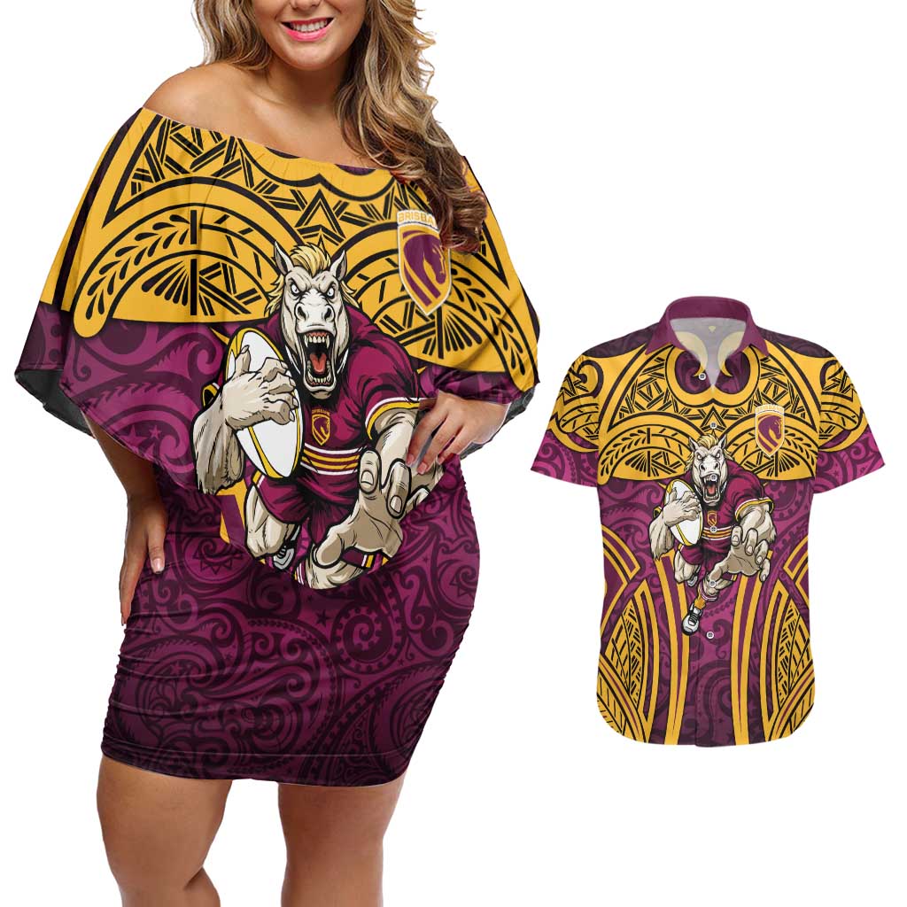 Brisbane Broncos Rugby Couples Matching Off Shoulder Short Dress and Hawaiian Shirt Polynesian Tribal Pattern Warrior Horse Maroon Gold Pattern
