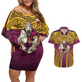 Brisbane Broncos Rugby Couples Matching Off Shoulder Short Dress and Hawaiian Shirt Polynesian Tribal Pattern Warrior Horse Maroon Gold Pattern
