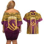 Brisbane Broncos Rugby Couples Matching Off Shoulder Short Dress and Hawaiian Shirt Polynesian Tribal Pattern Warrior Horse Maroon Gold Pattern