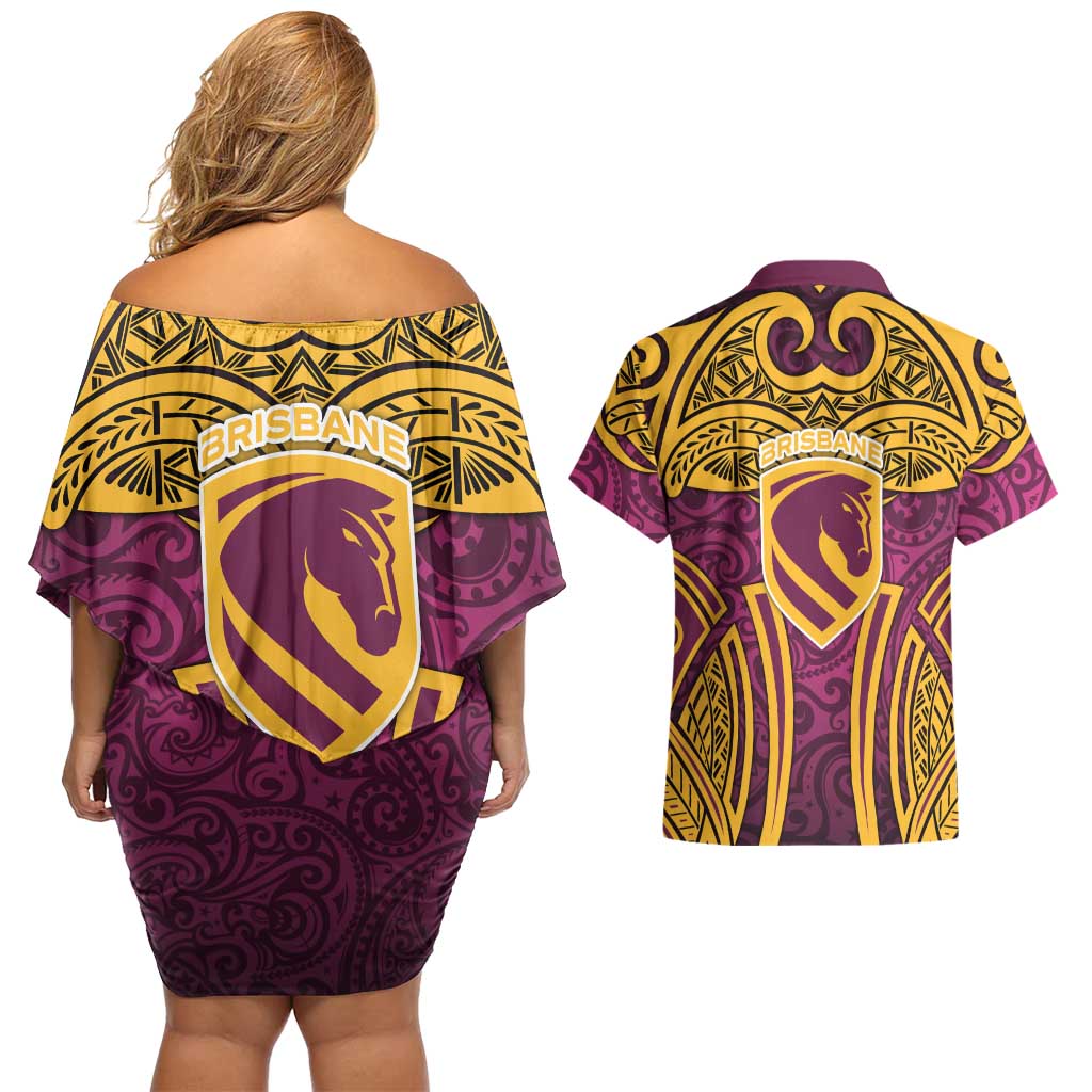Brisbane Broncos Rugby Couples Matching Off Shoulder Short Dress and Hawaiian Shirt Polynesian Tribal Pattern Warrior Horse Maroon Gold Pattern