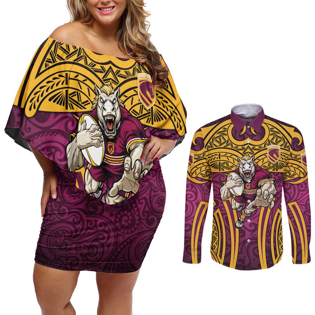 Brisbane Broncos Rugby Couples Matching Off Shoulder Short Dress and Long Sleeve Button Shirt Polynesian Tribal Pattern Warrior Horse Maroon Gold Pattern