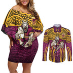 Brisbane Broncos Rugby Couples Matching Off Shoulder Short Dress and Long Sleeve Button Shirt Polynesian Tribal Pattern Warrior Horse Maroon Gold Pattern