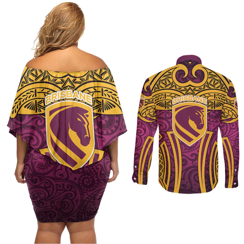 Brisbane Broncos Rugby Couples Matching Off Shoulder Short Dress and Long Sleeve Button Shirt Polynesian Tribal Pattern Warrior Horse Maroon Gold Pattern