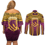 Brisbane Broncos Rugby Couples Matching Off Shoulder Short Dress and Long Sleeve Button Shirt Polynesian Tribal Pattern Warrior Horse Maroon Gold Pattern