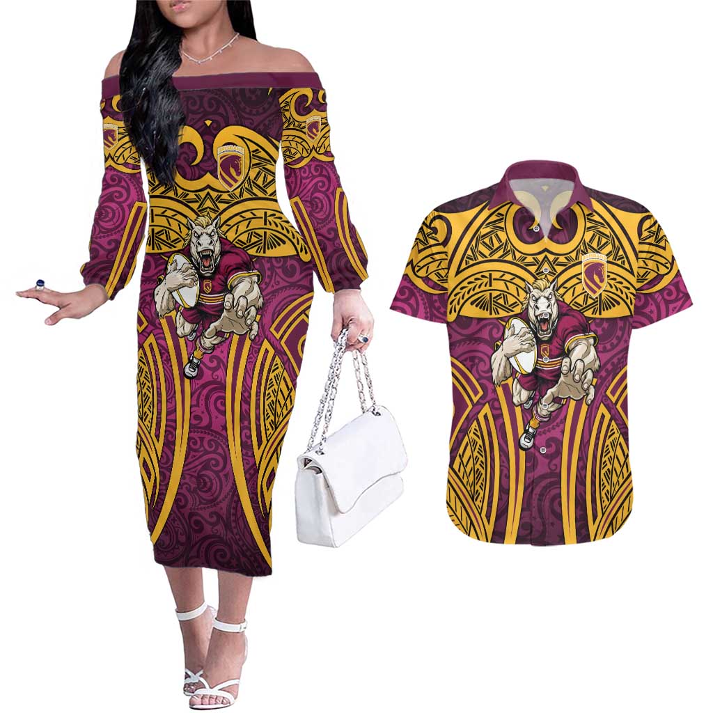 Brisbane Broncos Rugby Couples Matching Off The Shoulder Long Sleeve Dress and Hawaiian Shirt Polynesian Tribal Pattern Warrior Horse Maroon Gold Pattern