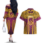 Brisbane Broncos Rugby Couples Matching Off The Shoulder Long Sleeve Dress and Hawaiian Shirt Polynesian Tribal Pattern Warrior Horse Maroon Gold Pattern