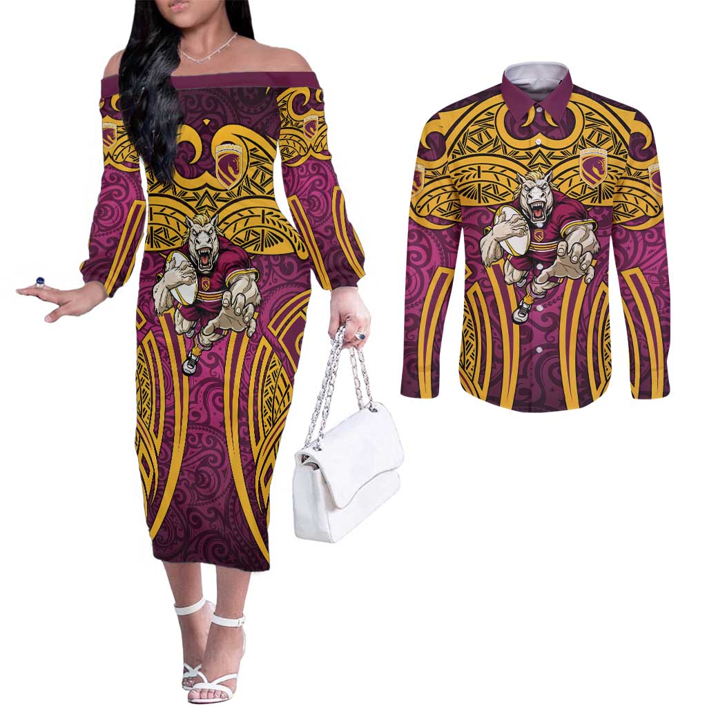 Brisbane Broncos Rugby Couples Matching Off The Shoulder Long Sleeve Dress and Long Sleeve Button Shirt Polynesian Tribal Pattern Warrior Horse Maroon Gold Pattern